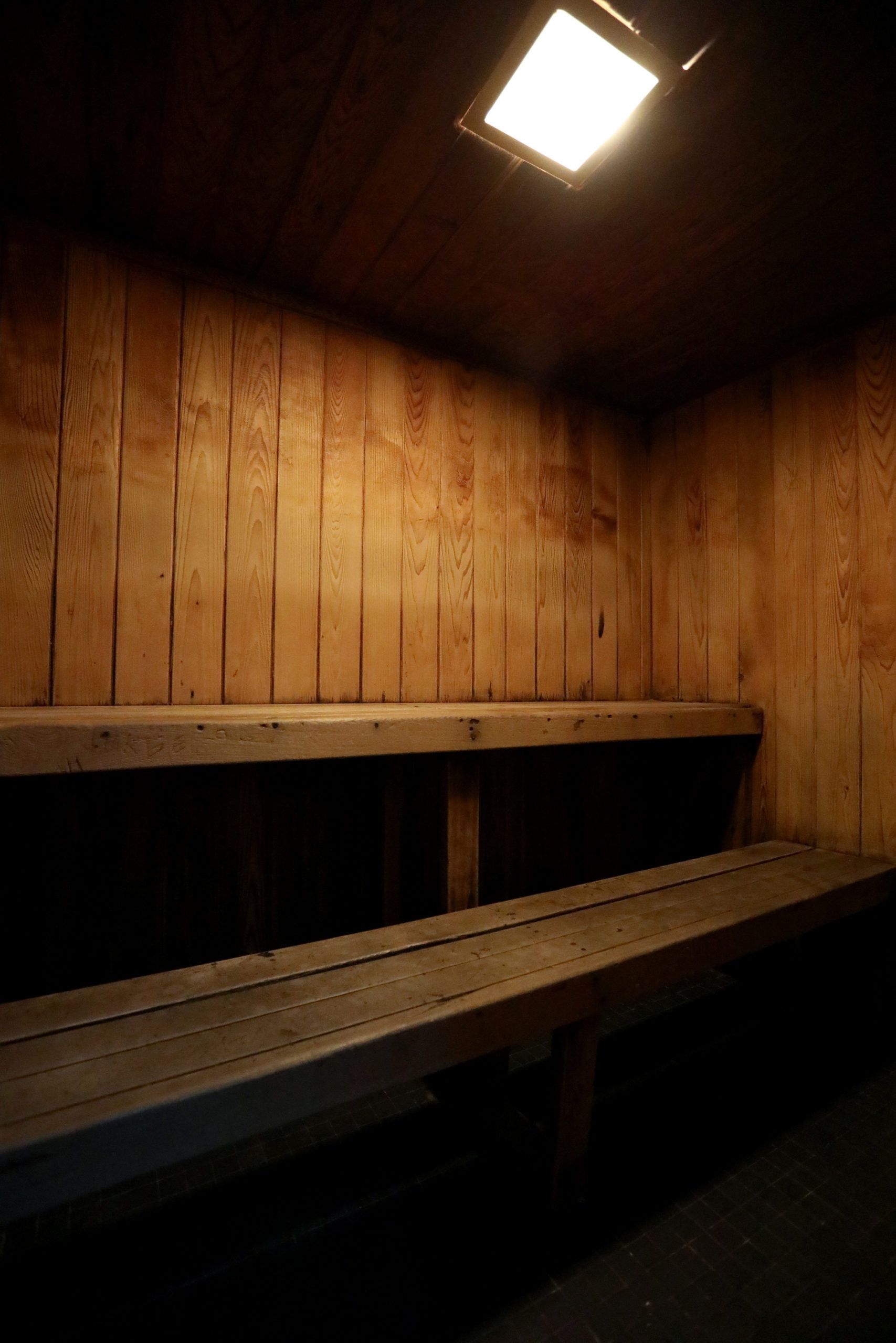 Wood-panelled sauna with tiered benches